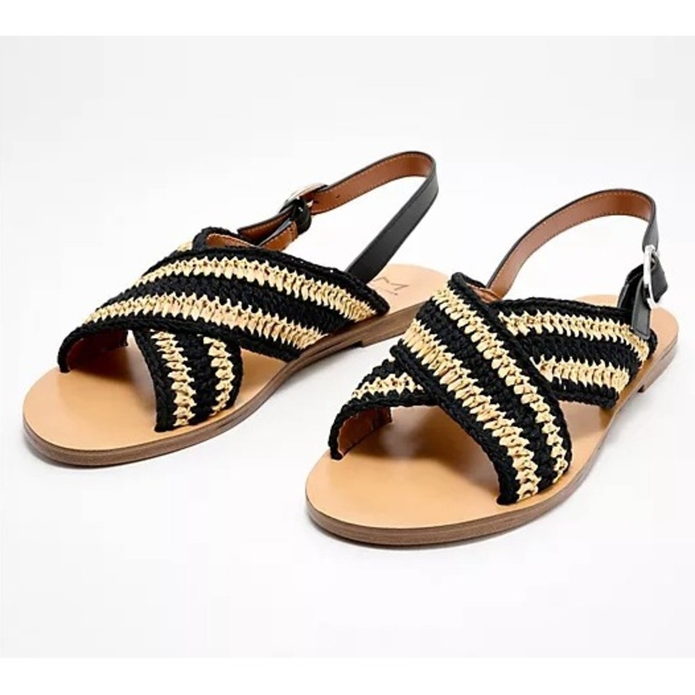 Marc Fisher LTD Women Black Natural Woven Raffia Crisscross Slingback Sandals 8M